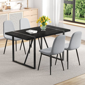 English Elm Table and Chair Set Retro Rectangular Dining with Textured Black Top Gray Linen Seats W1151S04378