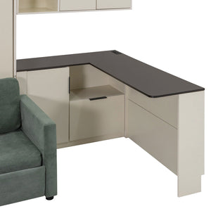 English Elm Queen Murphy Wall Bed Hydraulic Lift Velvet Sofa Built-in Shelves Led Studio Unit Cream LP000392AAA