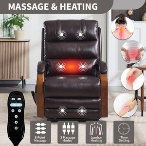 English Elm Power Lift Recliner with Dual Motor Heat Massage Wood Armrests Brown Leatheraire W1803S00080