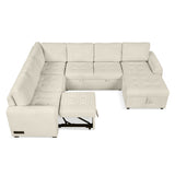 English Elm 107.5" U-Shaped Sofa Sectional Sofa Pull-Out Sofa Bed With A Storage Chaise Lounge, Charging Devices For Living Room, Beige