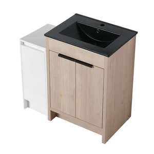 English Elm 36 Inch Freestanding Bathroom Vanity With Black Sink, Soft-Close Doors & Ample Storage Solutions W999S00303
