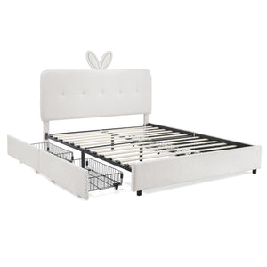 English Elm Full Size Kids Storage Bed Boucle Upholstered Rabbit Ear Headboard with Led Lighting Beige W1413P384924