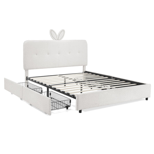 English Elm Queen Boucle Upholstered Kids Bed with Rabbit Ear Headboard Led Lighting Storage Drawers Beige W1413P384927
