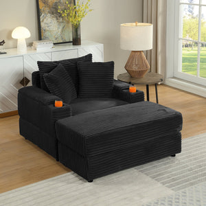 English Elm sofa Oversized Corduroy Deep-Seat Chaise with Ottoman and Lumbar Support — Plush, Sturdy Comfort Black W1420S00008