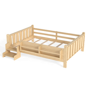 English Elm Twin Pine Floor Bed with Guardrails Built-in Bookcases and Stair Steps for Kids W1580P430186