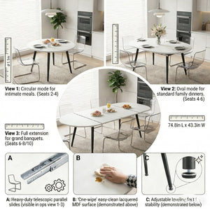 English Elm Pull Extendable Round Dining Set White Mdf Top Black Metal Legs with 8 Clear Chairs W2920S00136