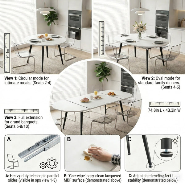 English Elm Pull Extendable Round Dining Set White Mdf Top Black Metal Legs with 8 Clear Chairs W2920S00136