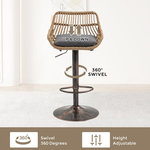 English Elm Modern Swivel Bar Stools Set of 2 Adjustable Counter Height Chairs with Linen Seat, Retro Rattan Back, 360° Rotation and Footrest, Vintage Gold Base, Durable Indoor/Outdoor Seating (Seat Height 25.6–33.9") Gray W39594823