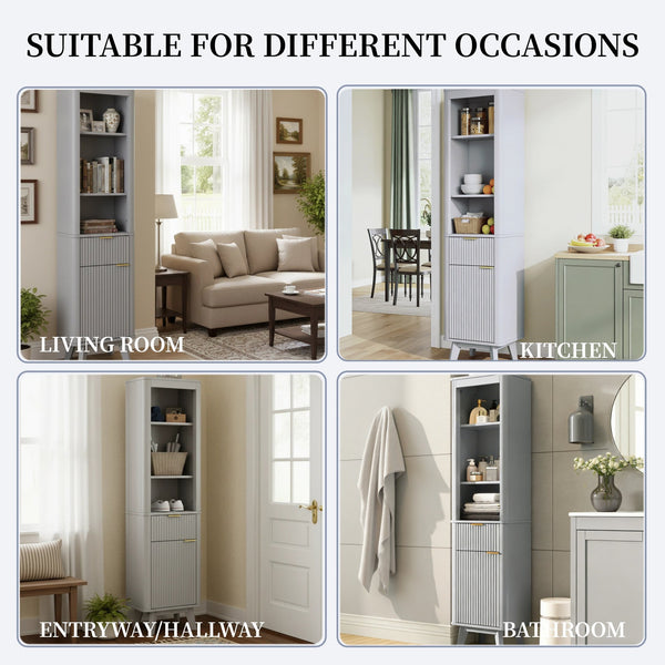 English Elm 68" Tall Fluted Freestanding Storage Cabinet with Drawer and Adjustable Shelf for Bathroom Gray N817P375218G
