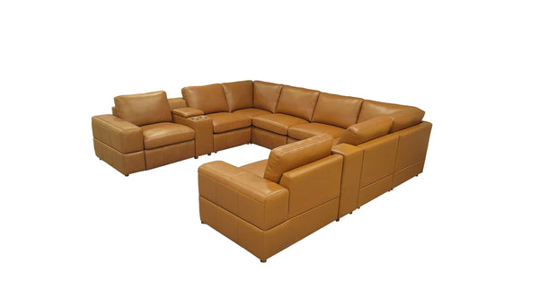 English Elm Premium Leather Match Sectional with Dual Recliners Square Arms and Console Storage Ginger B2748S00139