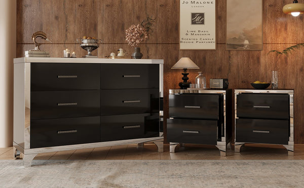 English Elm 3-Pieces Modern Dresser and Two Nightstands with Mirrored Trim, Metal Handles, Spacious Storage Black 55.71 L x 19.29 W x 10.63 H N733S205355B