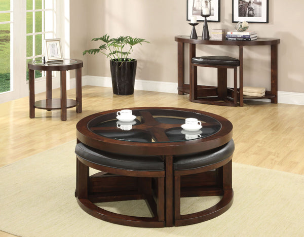 English Elm Dark Walnut Modern Coffee Table Set with 4 Wedge Ottomans, 5mm Beveled Glass Top, 40" Dia x19"H B011P246328