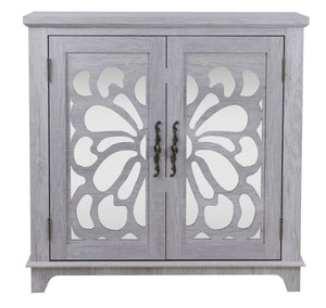 English Elm Elegant Mirrored Sideboard with Butterfly Carved Doors Wood Grain Finish Dining Storage Light Gray W2899P372740