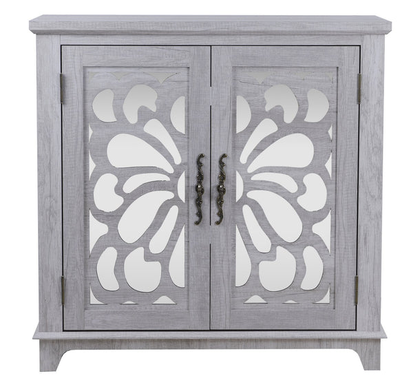 English Elm Elegant Mirrored Sideboard with Butterfly Carved Doors Wood Grain Finish Dining Storage Light Gray W2899P372740