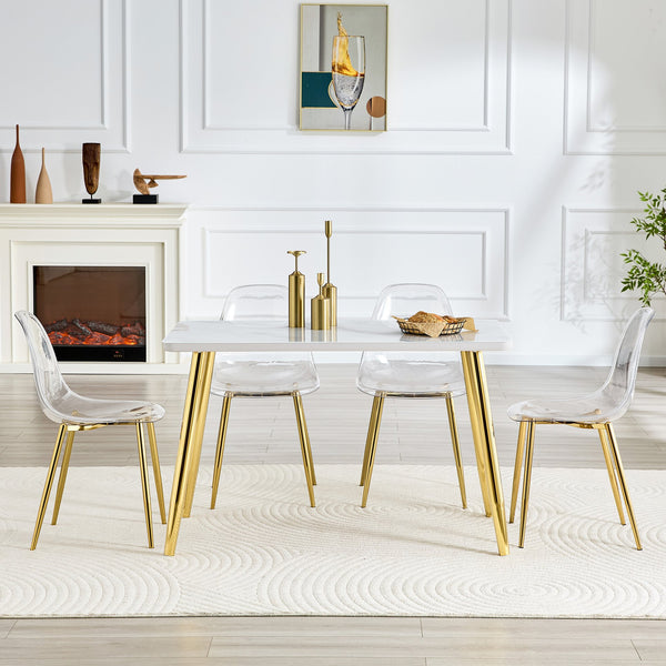 English Elm Table and Chair Set Marble Glass Top Gold Legs Four Seat Dining for Small Spaces Transparent,White+Gold W1151S04638