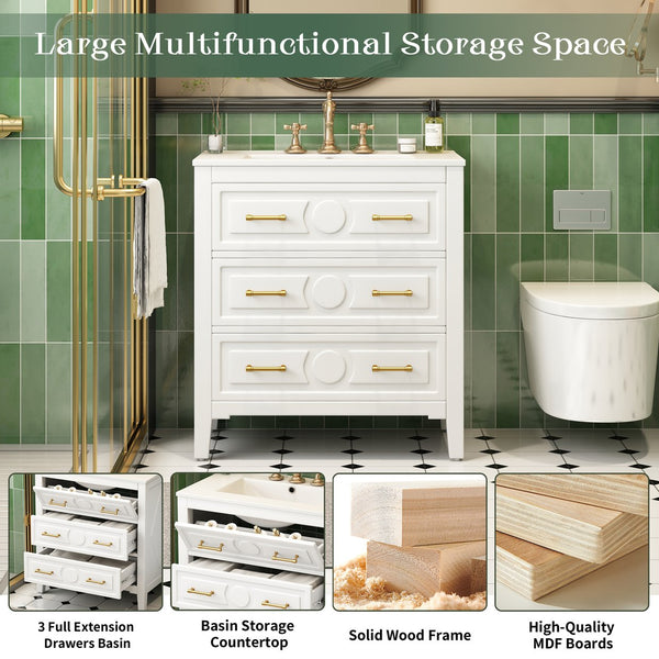 English Elm 30'' Bathroom Vanity with Ceramic Sink, Solid Wood Frame Retro Style Vanity with 3 Drawers & Gold Handles White N710P246209K