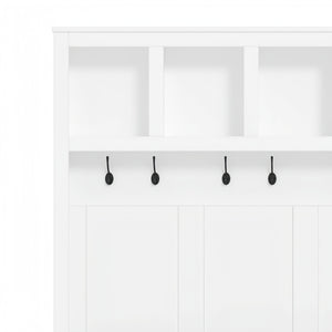 English Elm Farmhouse Hall Tree with Triple Arch Back Panel Eight Hooks Drawers and Entryway Bench N721S000044K-1