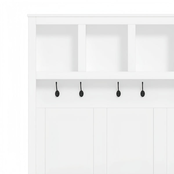 English Elm Farmhouse Hall Tree with Triple Arch Back Panel Eight Hooks Drawers and Entryway Bench N721S000044K-1