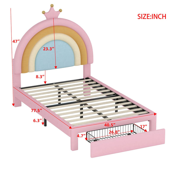 English Elm Twin Velvet Rainbow Bed with Storage Drawer — Pink Upholstered Platform, No Box Spring Needed, Cute N733P234606H