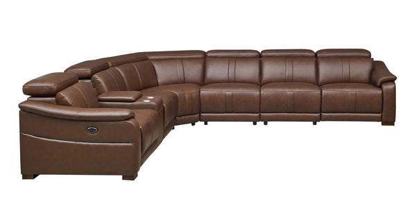 English Elm Leather Match Modular Sectional Power Reclining Sofa with Console and Cup Holders Dark Brown B2748S00035