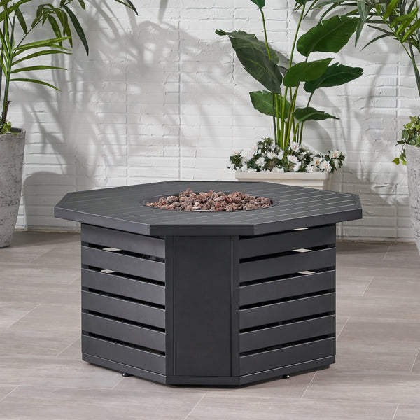 English Elm Octagon Iron Propane Fire Pit with Open Slat Design for Patio Gatherings 66596.00BLK-50K