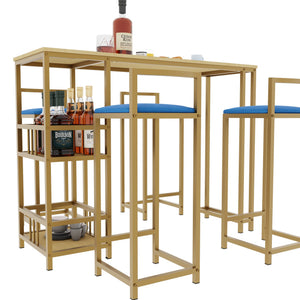 English Elm Bar Table and Four Cushioned Chairs Gold Iron Frame with Built-in Shelf Coastal Style W3064P245382