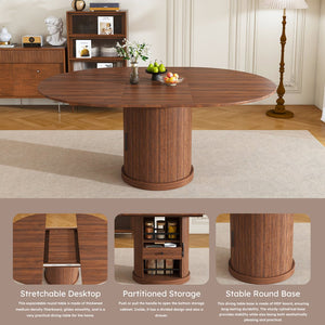 English Elm 47 Inch Extendable Round Dining Table Walnut Finish Seats 8 with Wire Grid Shelf W2700P385519