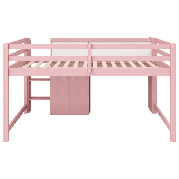 English Elm Full Size Low Loft Bed With Desk, Storage, Bookcase & Fun Whiteboard For Kids - Pink Design N7090005005H