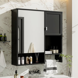 English Elm 29'' Modern Wall Mounted Medicine Cabinet with Mirror, Spacious Adjustable Shelves, Towel Bar and Durable MDF Finish Black N710P209440B