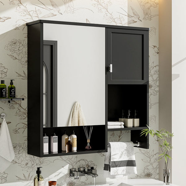 English Elm 29'' Modern Wall Mounted Medicine Cabinet with Mirror, Spacious Adjustable Shelves, Towel Bar and Durable MDF Finish Black N710P209440B