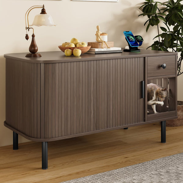 English Elm 37.4" Mdf Cat Litter Enclosure with Tambour Door Walnut Finish and Charging Station N704P380550D