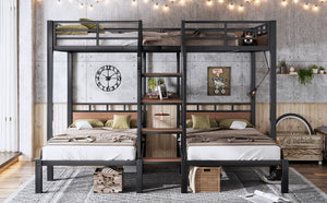 English Elm Full Xl Over Twin Triple Metal Bunk Bed with Storage Stairs and Shelves Black W1580S00546