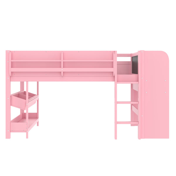 English Elm Twin Low Loft Bed Solid Pine Frame Kids Study Desk Blackboard Storage White Pink W1580S00300