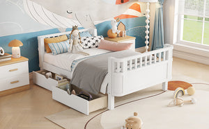 English Elm Twin Solid Wood Platform Bed with Guardrail for Kids, Low-Profile Sturdy Pine Frame, Safe Sleep Solution White 69.69 L x 18.5 W x 7.68 H W2593P331678