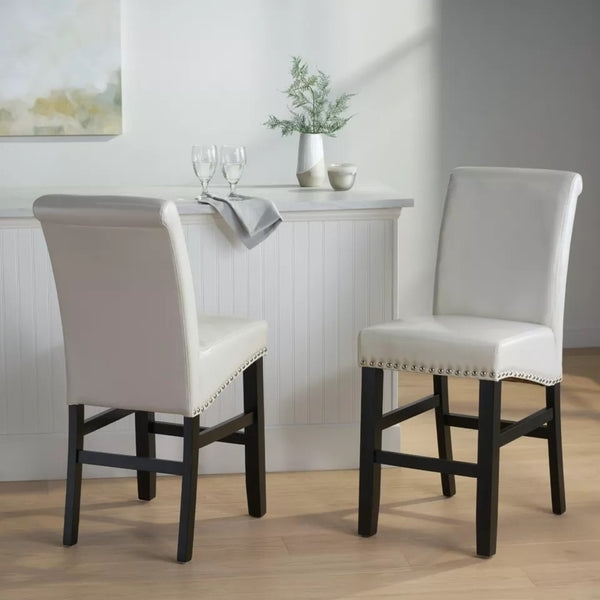 English Elm Christopher Knight Home® - Contemporary Ivory Bonded Leather Counter Stools with Nailhead Trim, 25" Padded Bar Chairs (Set of 2) N780P168429