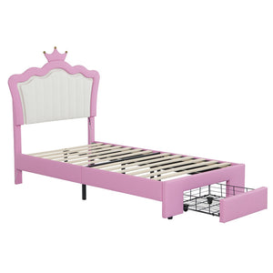 English Elm Twin Upholstered Bed Frame With Led Lights & Crown Headboard - Pink And White, Stylish Storage Solution W2770P190376-GIGA