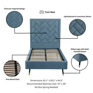 English Elm Crosby Twin Upholstered Velvet Bed with Chevron Stitched Headboard, Solid Slats, No Box Spring Needed Blue B365S00042