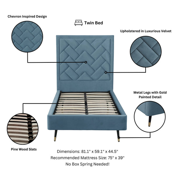 English Elm Crosby Twin Upholstered Velvet Bed with Chevron Stitched Headboard, Solid Slats, No Box Spring Needed Blue B365S00042