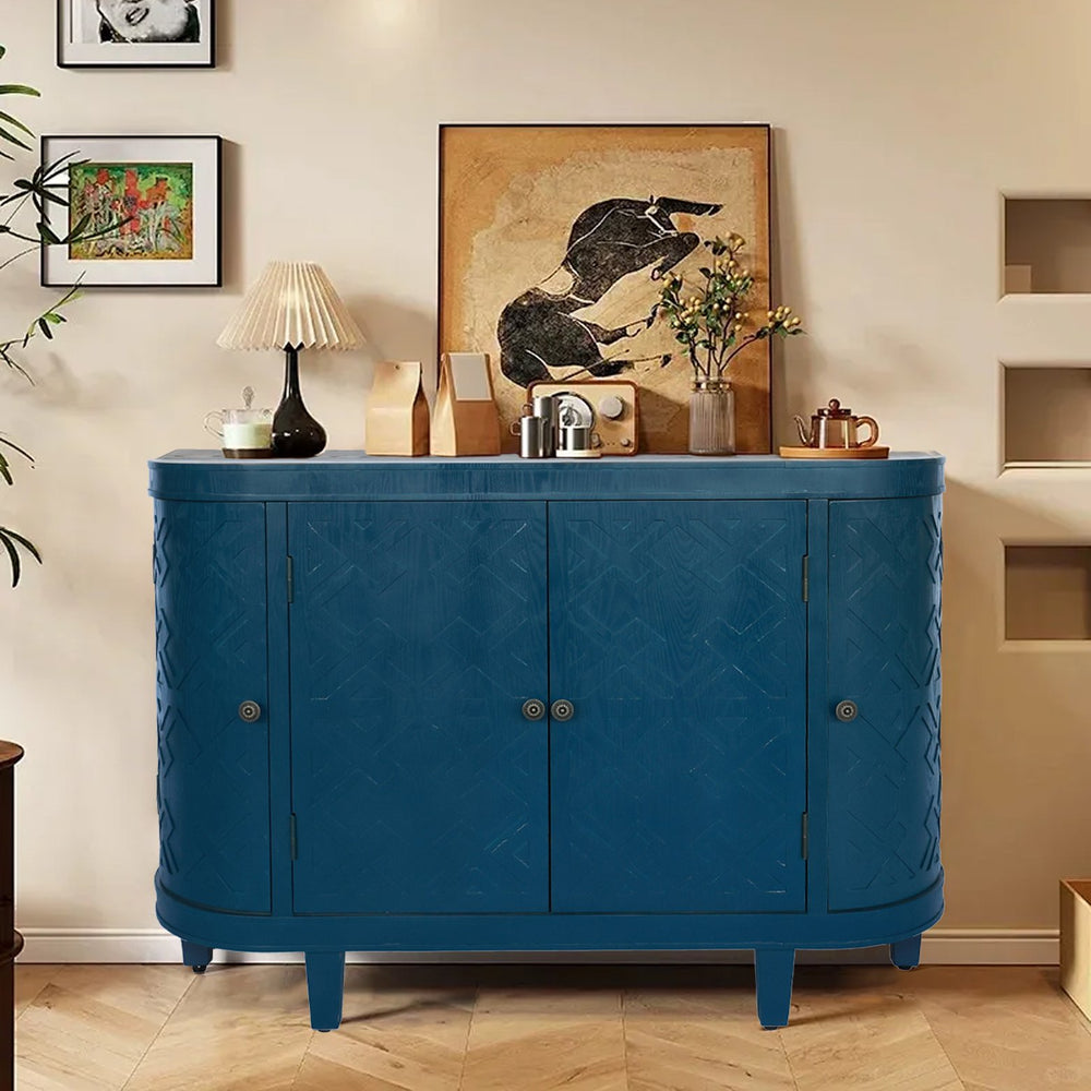 English Elm 47''Oval Handmade Fluted Storage Cabinet with Sliding Shutter Doors, Antique Blue Green Curvy Credenza W2295P290657