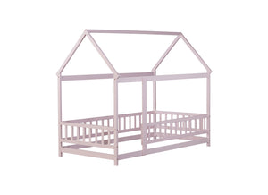 English Elm Twin House Frame Floor Bed Rubberwood with Roof Canopy and Safety Rails for Kids Pink W504P429347