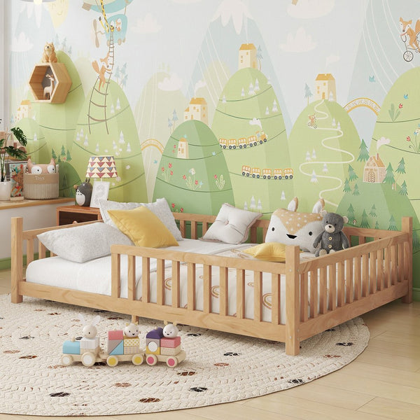 English Elm Full House Kids House Bed with Roof & Fence, Low Floor Solid Pine Frame, Stylish Nightlight Ready Natural 80.91 L x 15.55 W x 6.5 H W2593P296922