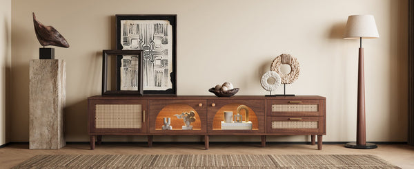 English Elm 86 Inch Rattan Media Console with Led Lighting Two Drawers Modern Living Room Tv Stand N710P438977P