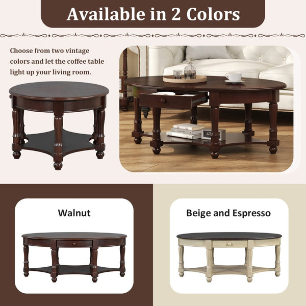 English Elm Vintage Oval Coffee Table With Drawer & Storage Shelf - French Country Charm For Living Rooms N735P277388K-GIGA