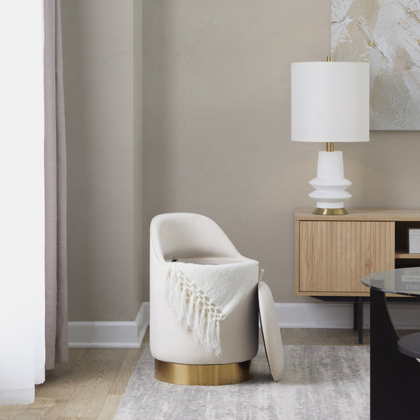 English Elm 18" Tufted Velvet Vanity Stool with 360 Swivel Base and Hidden Storage Compartment Cream B202P471497
