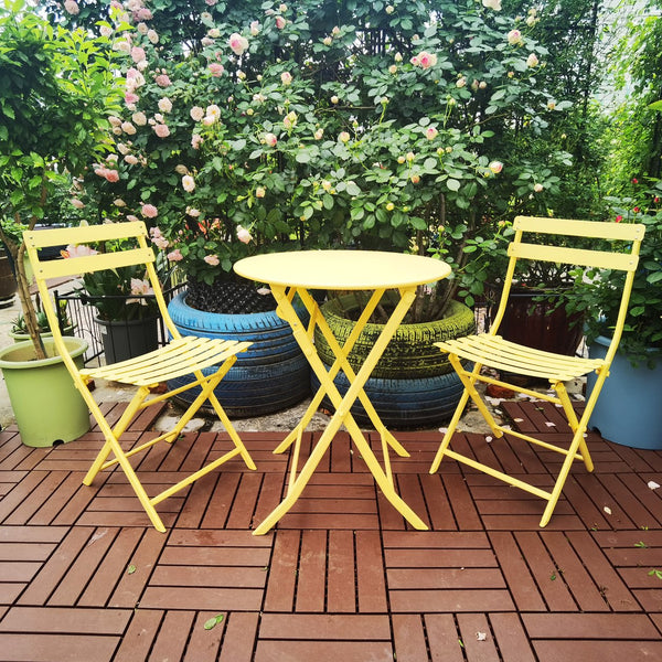 English Elm 3 Piece Outdoor Bistro Set Foldable Steel Cafe Table Chairs Powder Coated Patio Yellow W1586P143143