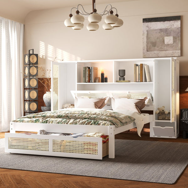 English Elm Twin Multifunctional Bed with Rattan Headboard Storage, Drawer & Shelves — Space-Saving Pine Design White 50.4 L x 19.8 W x 5.5 H N733S241280K