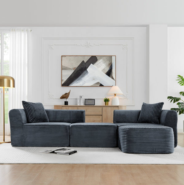 English Elm 114" Cloud Sectional Couch with L-Shape Chaise Modular Corduroy Sofa with Movable Ottoman, No Assembly Required, Plush Comfort for Living Spaces Grey W1117P371652