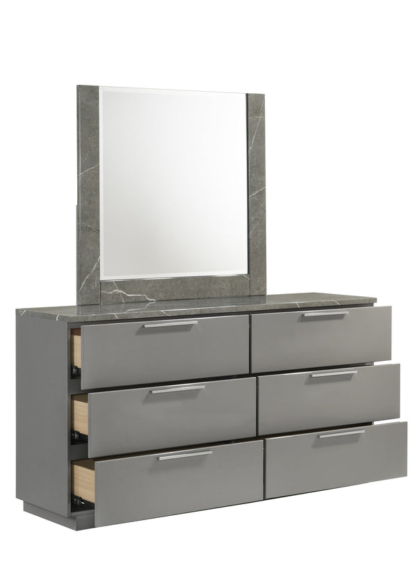 English Elm Elara Two-Tone High-Gloss Marble & Lacquer Dresser with 6 Spacious Drawers, Velvet-Lined Top (Gray) G150108690