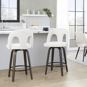 English Elm Fixed-height Swivel Counterstools with Bentwood Legs and Padded White Seats Set of 2 B202S01786