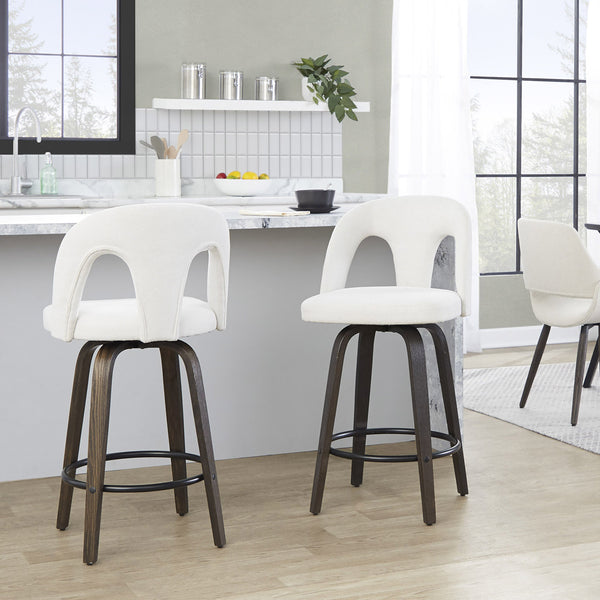 English Elm Fixed-height Swivel Counterstools with Bentwood Legs and Padded White Seats Set of 2 B202S01786